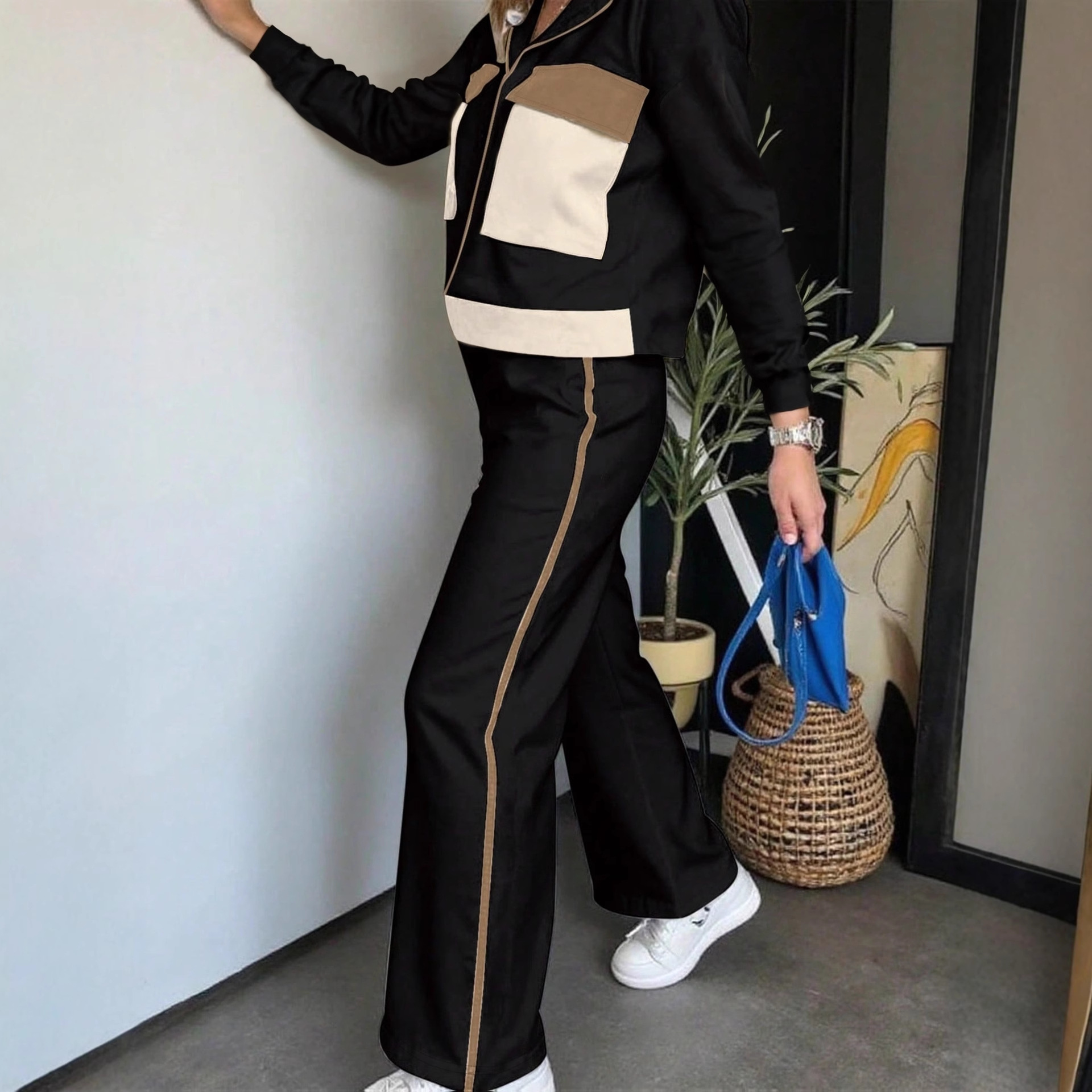 Women's Color Block Two Piece Set Long Sleeved Top Elastic Waist Straight Leg Trousers_ecoleips.com