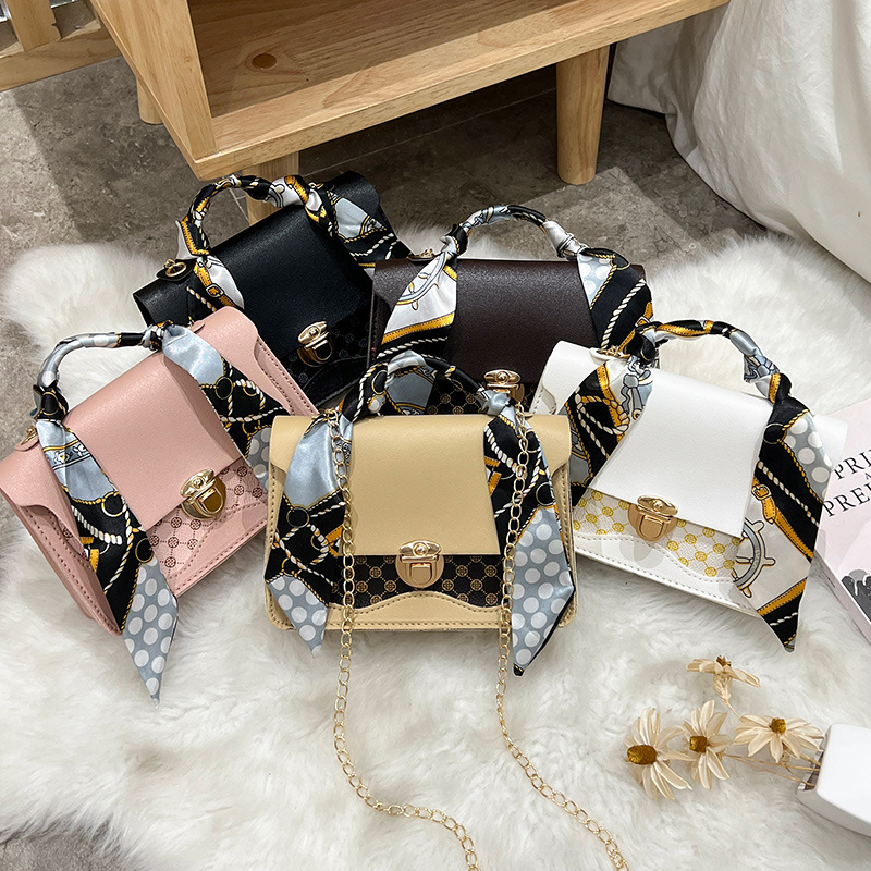 Bags For Women Circle Pattern Contrast Color Silk Scarf Lock Chain Small Square Bag Casual Crossbody Small Bag Ready In Stock