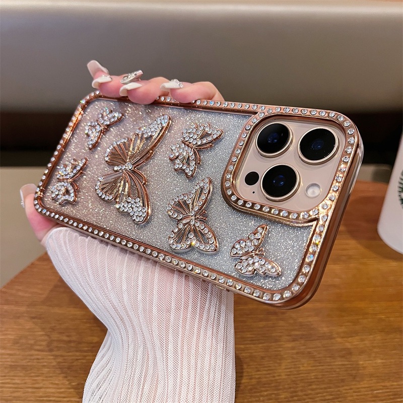 iPhone17電気メッキ立体蝶ポイントダイヤモンド携帯電話ケース、Apple 16promax対応、グラデーショングリッター15、越境販売|undefined