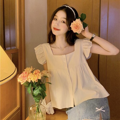 Short-sleeved New Summer Dress Hot Girl 2024 Square Neck Short Feifei Sleeve Floral Chiffon French Plaid Navel Top
