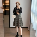 法式小香风娃娃领<font red=H>连衣裙</font>2021冬款上新蕾丝格子拼接气质显瘦A字