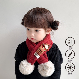 Christmas Kidsren's Scarf Winter 2025 New Red Girl Boy Baby K-Style Warm Knitted Cross Scarf