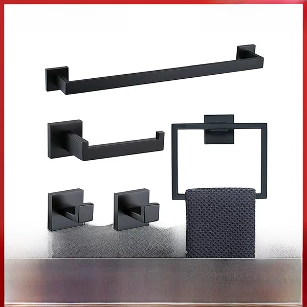 Cross Border Towel Bar Set 304 Stainless Steel Square Towel Bar Tissue Holder Single Hook Towel Ring Toilet Set