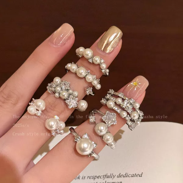 French Baroque Pearl Open Ring Women's Niche Design Stacked Index Finger Ring Light Luxury High-End Ring Bracelet