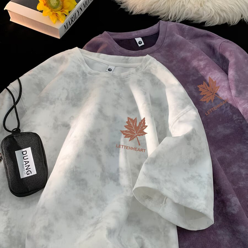 Trendy Brand Tie-Dye Maple Leaf Short-Sleeved T-Shirt for Men, New Summer Style Loose Sports Casual Lettered Round Neck Half-Sleeved Top Trendy Brand Tie-Dye Maple Leaf Short-Sleeved T-Shirt for Men, New Summer Style Loose Sports Casual Lettered Round Neck Half-Sleeved Top