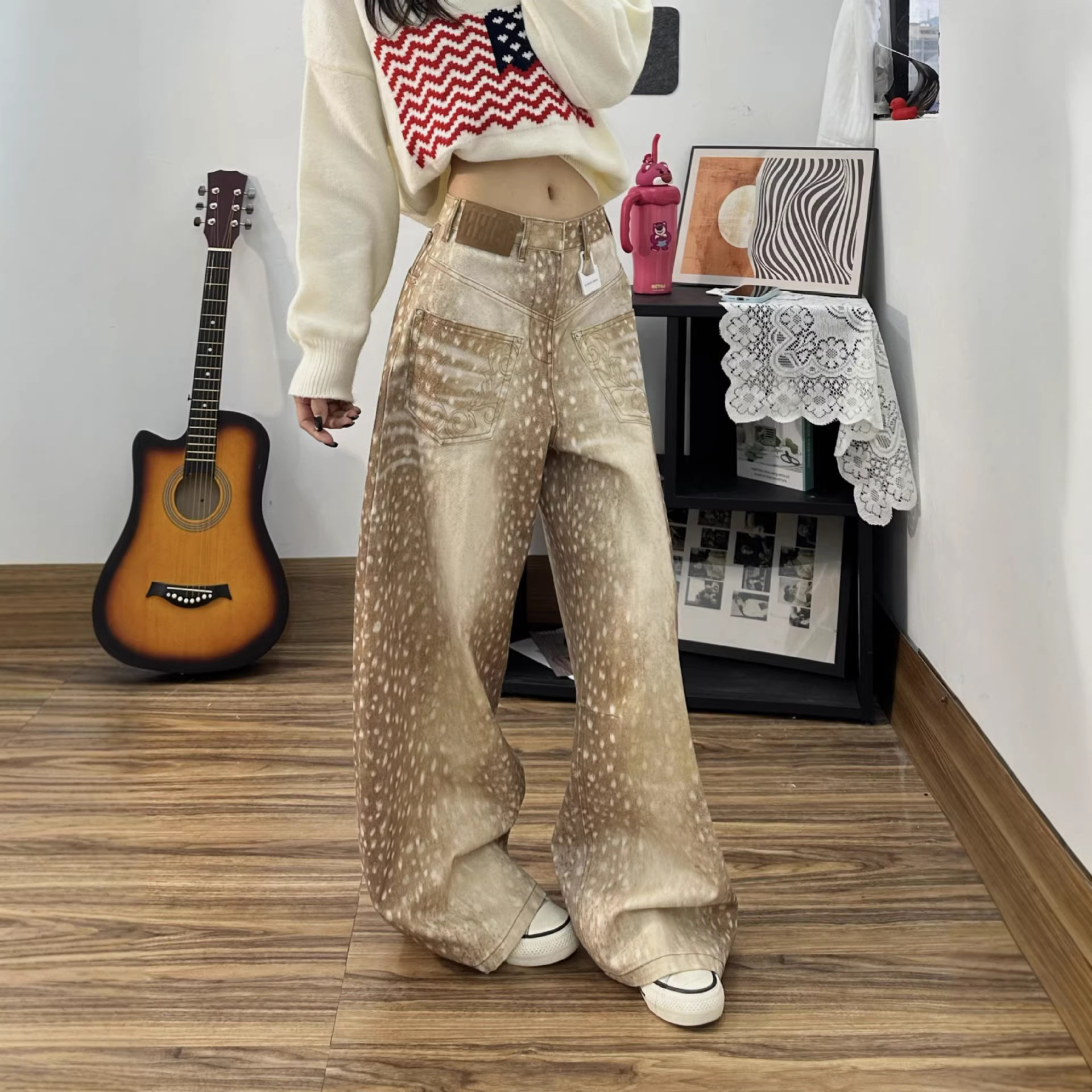 Women's Clothing Women's Retro Deer Print Wide Leg Jeans Loose Fit Floor Length Spring Style For Formal & Casual For Women_voghion.com