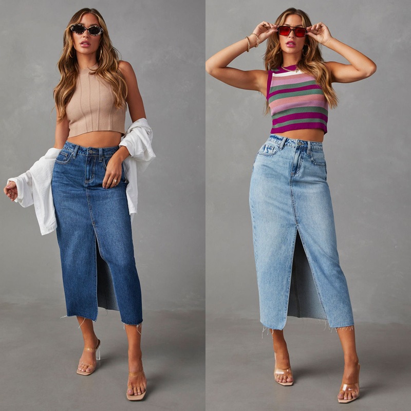 Nuova gonna in denim con spacco Gonna a trapezio lavata a vita alta da donna Gonna di media lunghezza_voghion.com