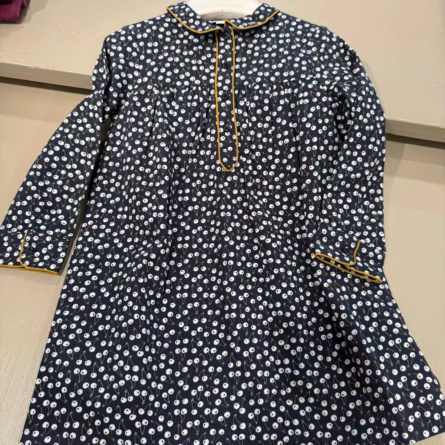 110-160 Girls' Black Cherry Print Dress Kidsren's Twill Cotton Long-Sleeved Long Skirt A-Line