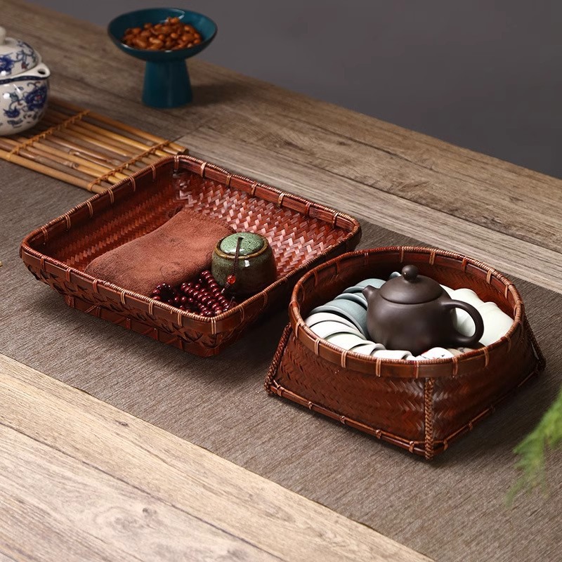 Handmade bamboo baskets for snacks and miscellaneous items, bamboo woven handicrafts, dried fruit winnowing baskets, distressed and exquisitely woven retro-style snack and tea sets