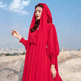 红色连衣裙女沙漠飘逸红裙子茶卡盐湖裙子异域风情胡杨林拍照服装