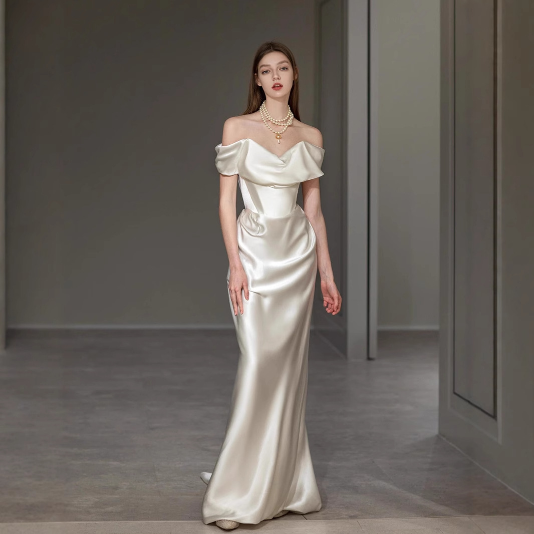 Cross-border Foreign Trade plus size Covering Arm Light Wedding Dress European and American Toasting Dress Bridal Ball Banquet White Evening Dress Adult