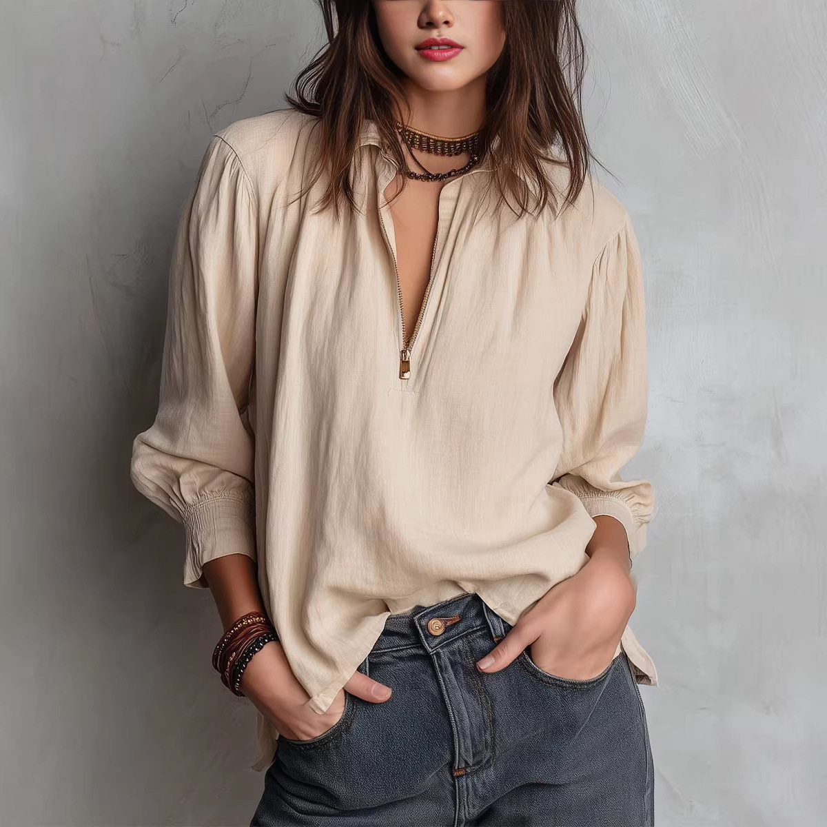 2026跨境外贸欧美女装亚马逊衬衫领套头纯色拉链宽松女式衬衫