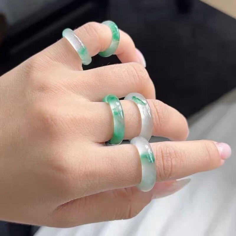 天然飘花戒指冰种戒指阳绿色飘花尾戒新中式玉戒男女飘绿指环扳指|undefined