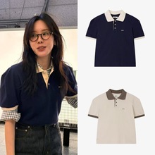 韩国小众 24新款 学院风复古宽松撞色翻领短袖上衣polo衫T恤女