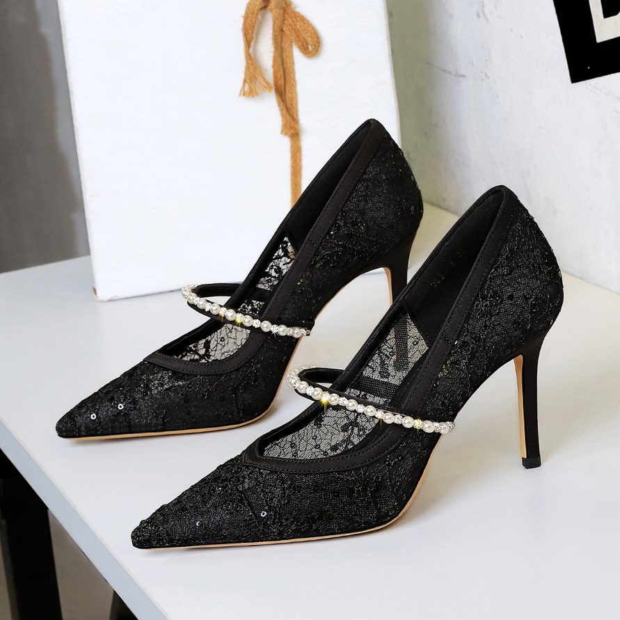 9329-2 Mesh Rhinestone Pearl Strap Stiletto High Heels Pointed Toe Shallow Mouth Dress Wedding Elegant Single Shoes For_vogvips.com