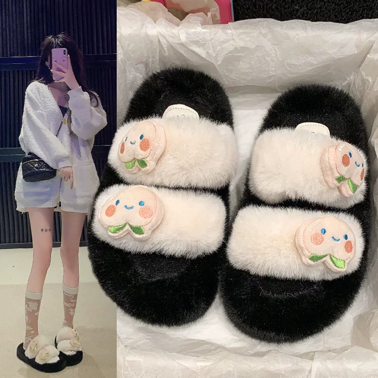 Симпатичные шерстяные тапочки женский 2024 осень новая нескользящая толстая подошва моды дикая панда кролик девушка перетаскивания