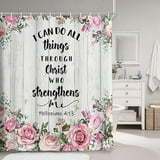 rustic wooden shower curtain, retro plant flower bathroom fabric shower curtain, pink flower inspirational words