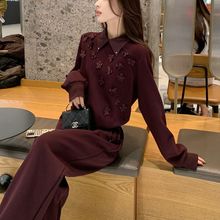 韩系感穿搭套装女秋季新款时尚休闲运动酒红色卫衣两件套