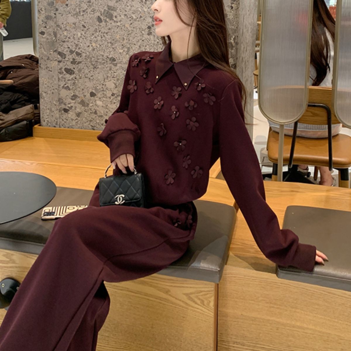 韩系感穿搭套装女秋季新款时尚休闲运动酒红色卫衣两件套