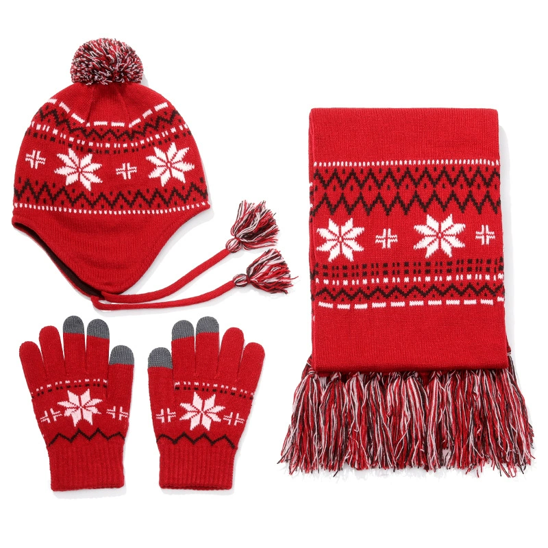 Knitted gloves, scarf, set, with snowflakes, 3 piece set