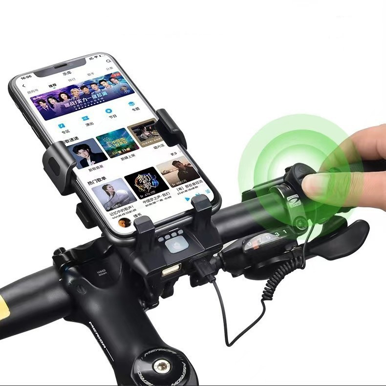 Luz con bocina para bicicleta de montaña, bloqueo con botón pulsador, luz con soporte para teléfono móvil, faro cuatro en uno para bicicleta, luz con soporte para teléfono móvil con navegación