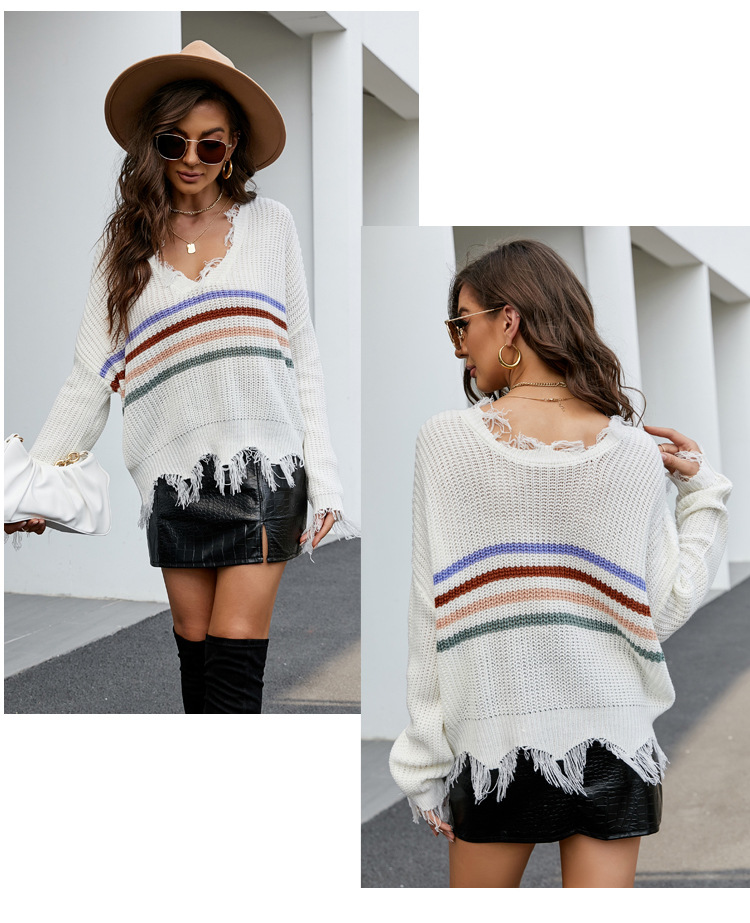 V-Neck Striped Loose Sweater NSYH97053