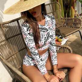 2026新款欧美泳衣女性感长袖印花竞速两件套亚马逊外贸沙滩bikini