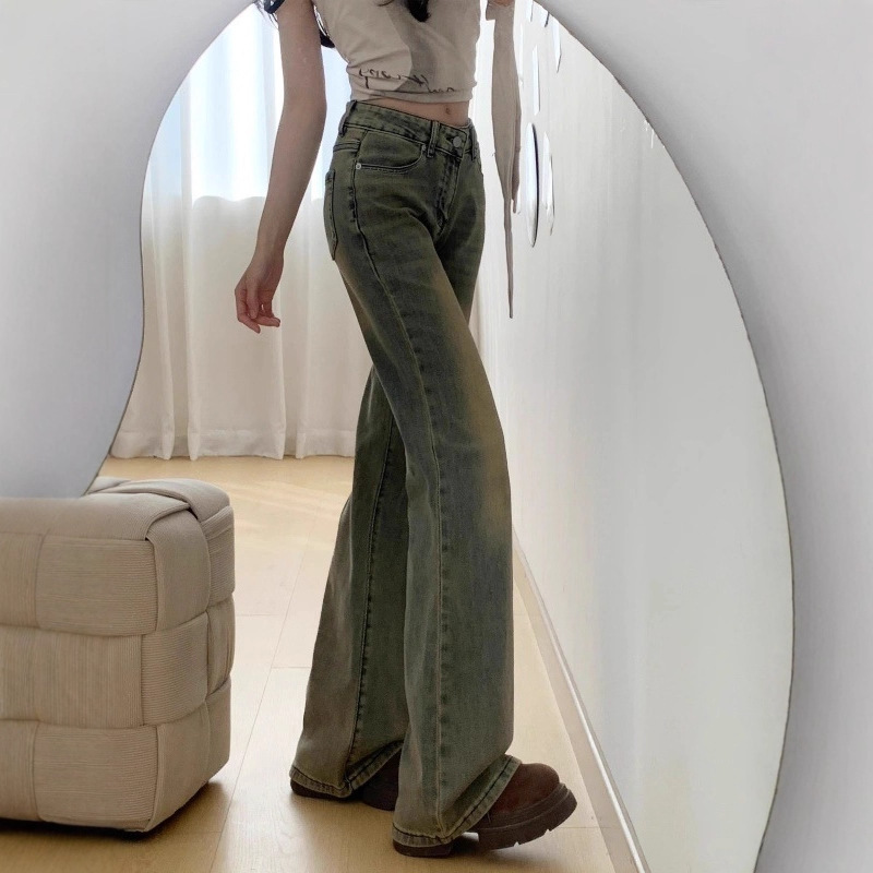 American Retro Washed Distressed Stretchy Flared Jeans for Women New Slim Fit Flared Pants Trendy