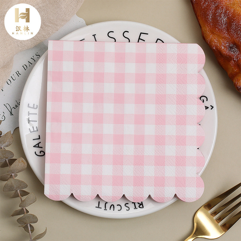 Cross-Border Hot Selling Disposable Birthday Party Lace Pink Checkered Napkin 25*25 Series Special-Shaped Napkin