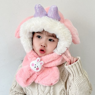Children's hat scarf one two-piece cartoon cute thick warm ear protection plush hat scarf wholesale
