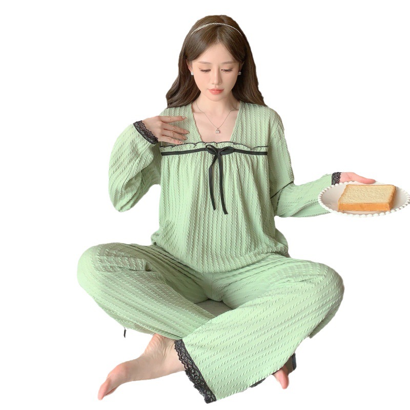 Simple verde jacquard de algodón de manga larga pijamas para mujeres primavera y otoño dulce con almohadilla en el pecho más tamaño gordito chica homewear