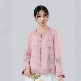 新中式苎麻刺绣衬衫女2026夏季新款文艺复古盘扣圆领双层茶服上衣