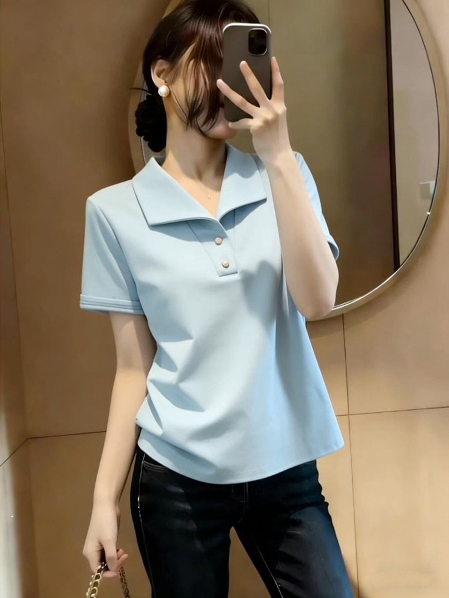 Áo thun nữ cổ ve tay ngắn phong cách Pháp — màu đen