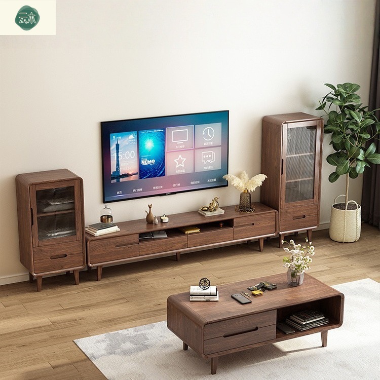 New Chinese-Style Living Room Tv Cabinet for Small Apartments, All Solid Wood Tv Cabinet and Coffee Table Set, Walnut Wood Floor-Standing Cabinet