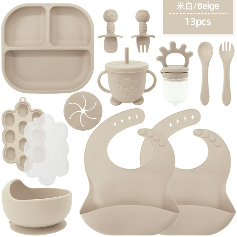Juego de vajilla de silicona para niños transfronterizos Tazón de comida especial para bebés y niños pequeños Cuchara de silicona de grado alimenticio Juego completo de babero