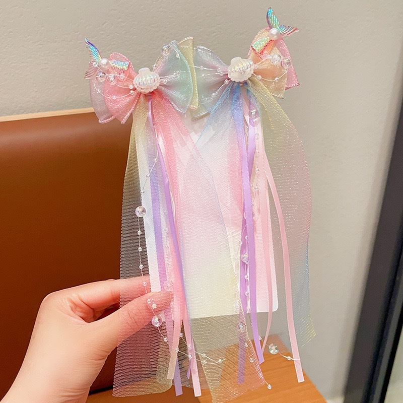 夏の女性のスーパーフェアリーリボン編み込みヘアピン子供用マーメイドヘッドドレスかわいい女の子マーメイドシェルヘアアクセサリー|undefined