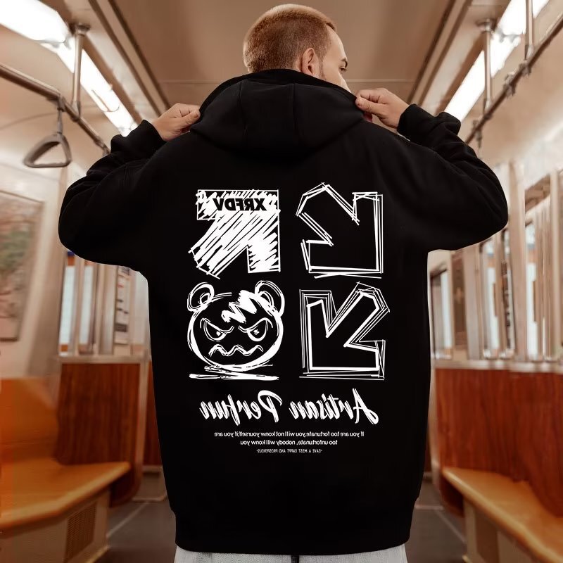 2024 New oversize spring and autumn loose plus size hooded fleece-lined printed sweater men's fashion coat