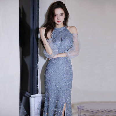 Wholesale blue evening dress female host socialite party temperament sequined  host singers sequins mermaid dress