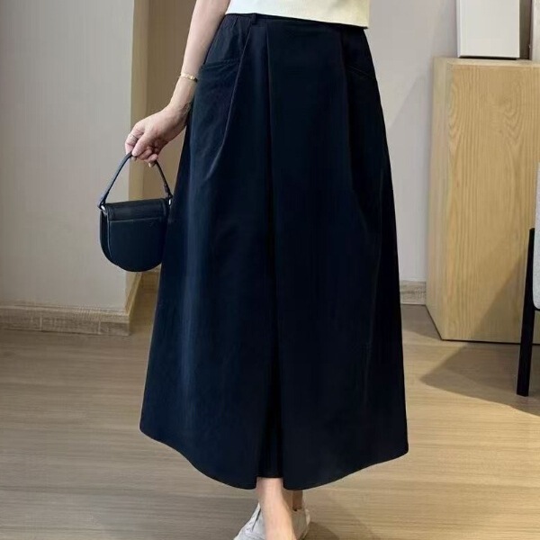 Anti-Wrinkle Long Skirt, Casual and Elegant, New Style, High-Waisted, Elastic, Slimming, Spring and Summer Mid-Length, Navy Blue Anti-Wrinkle Long Skirt, Casual and Elegant, New Style, High-Waisted, Elastic, Slimming, Spring and Summer Mid-Length, Navy Blue