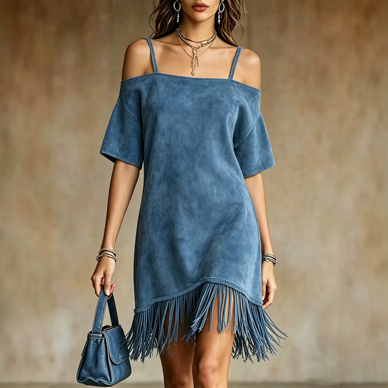 Suede Off-Shoulder Suspender Dress, Loose Short-Sleeved Dress with Tassel Hem, Western-Style Midi Dress, Cross-Border European and American Style Women's Clothing Suede Off-Shoulder Suspender Dress, Loose Short-Sleeved Dress with Tassel Hem, Western-Style Midi Dress, Cross-Border European and American Style Women's Clothing
