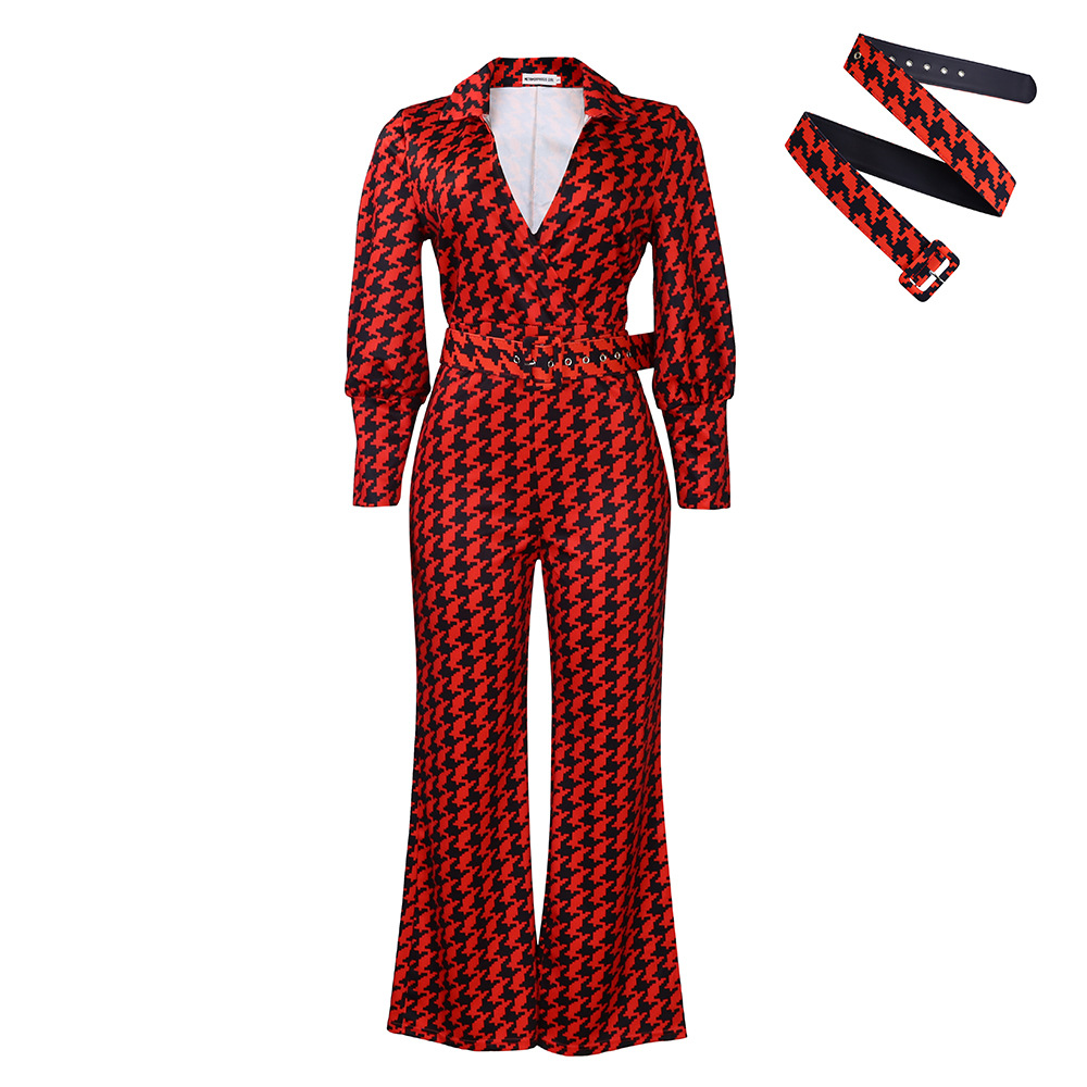 C8559 ropa de mujer transfronteriza 2023 Otoño e Invierno Nuevo cuello en V puff manga cintura apretada impresa pierna ancha más tamaño mono africano