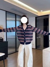 薄款镂空针织衫短袖早秋新款大码胖mm遮肉宽松V领长袖条纹上衣潮