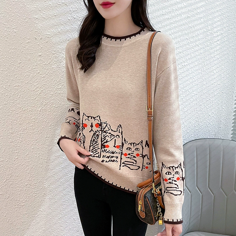 Трансграничный 2024 жаккардовый вязаный свитер женская футболка осень-зима новый пуловер с круглым вырезом