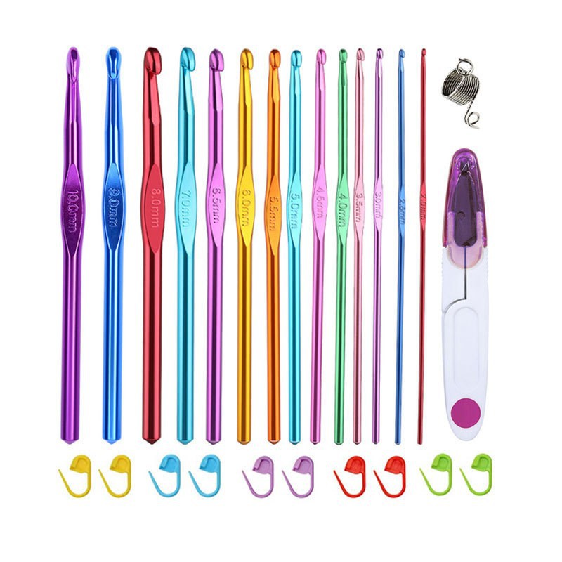Set de ganchillo metálico 22 piezas, funda de cuero, color aluminio, tejido a ganchillo, 100 uds disponibles