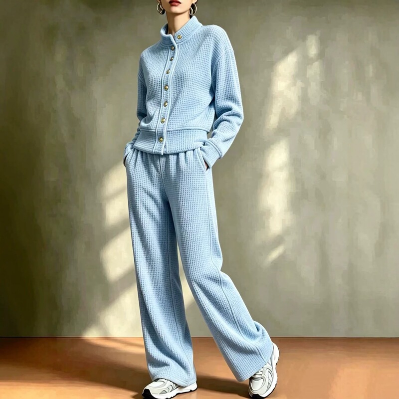 Autumn and winter new cross-border independent brand waffle knit stand-up collar gold button short jacket and loose wide-leg casual pants set for women
