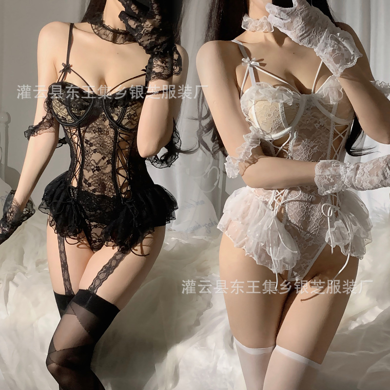 Sexy Lingerie, Sexy Mesh, See-Through Lace Straps, Open-Fit, No-Take-Off Jumpsuit, Women's Uniform Suit