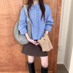 法式木耳边蓝色格子衬衫女秋季2025新款宽松显瘦百搭长袖衬衣上衣