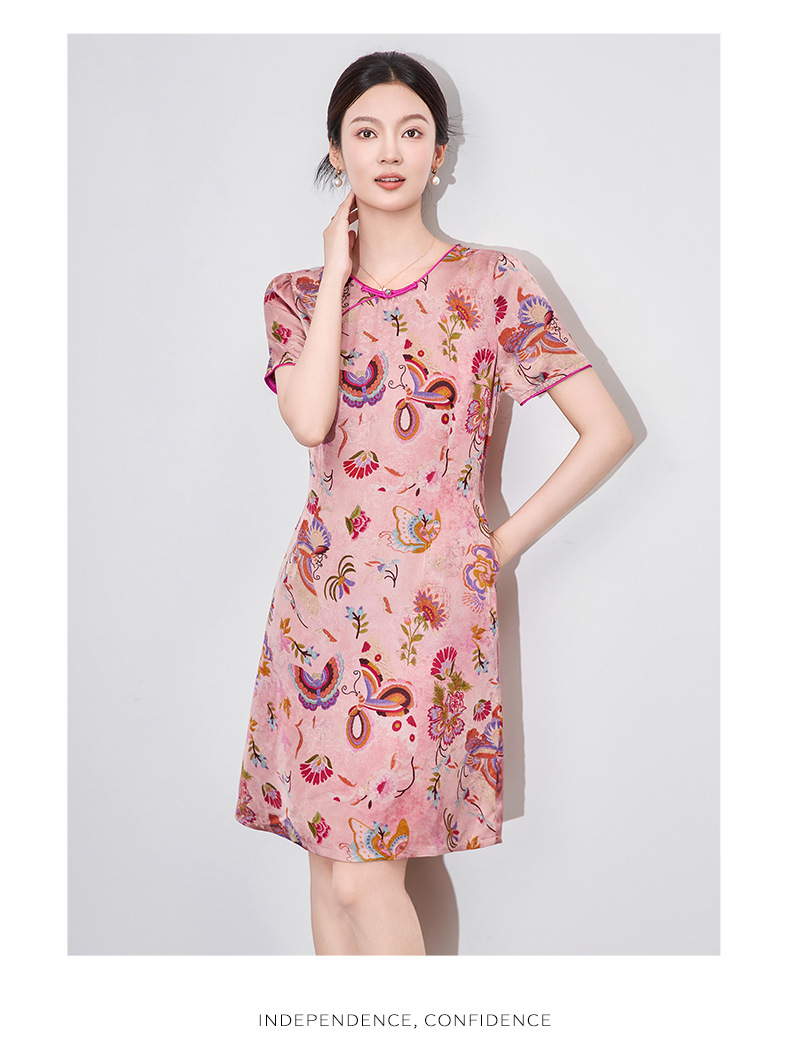 Váy sườn xám cách tân jacquard phong cách Trung Quốc chất liệu sợi mây thơm, dáng suông thắt eo, tay ngắn mùa hè — Màu xanh lam chi tiết 12