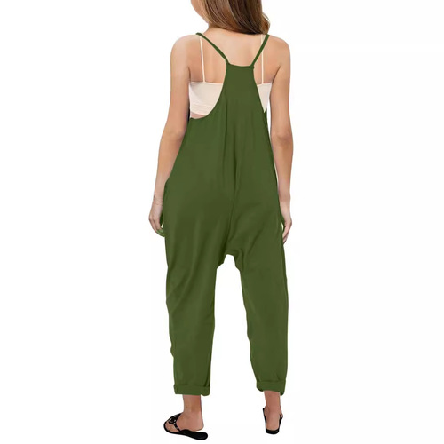 Fashionable and Casual Girls' V-Neck One-Piece Pajamas Solid Color Loose Casual Pajama Pants with Pockets Spring and Summer Clothing