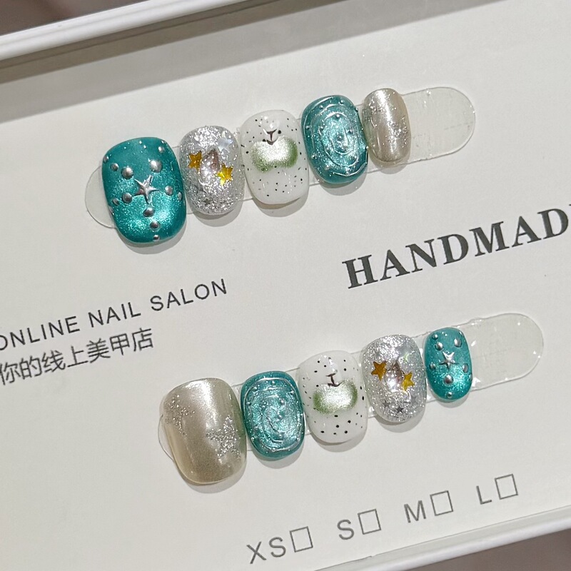 【Green Apple Mambo】Swirl Polka Dot Star Niche INS Fashion Handmade Wearable Nails Removable Nail Stickers